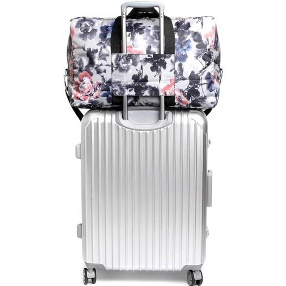 Gray Floral Print Large Duffel Bag‎ Overnight Weekender Bag Carry On Crossbody - Picture 3 of 4